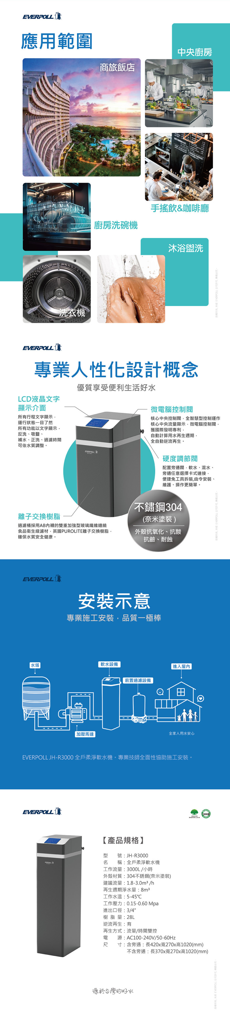 EVERPOLL JH-R3000 軟水機 商用淨水 全戶淨水 RO 飲水機 淨水器